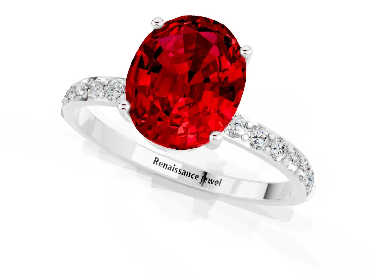 Oval Cut Ruby Solitaire Ring with Round Pavé Band and Prong Setting Platinum