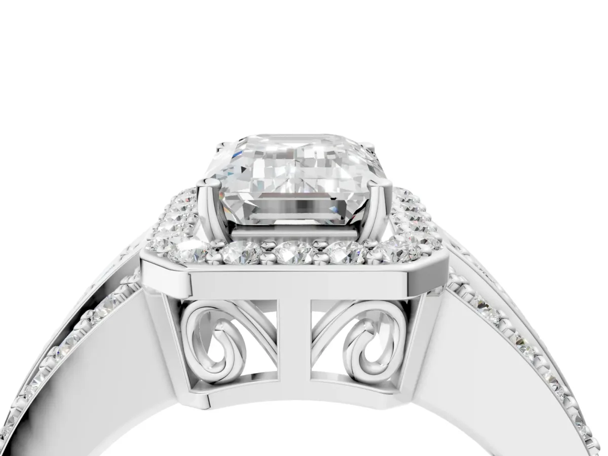 Emerald Cut Halo Diamond Ring with Round Moissanite Split Shank and Prong Setting Platinum