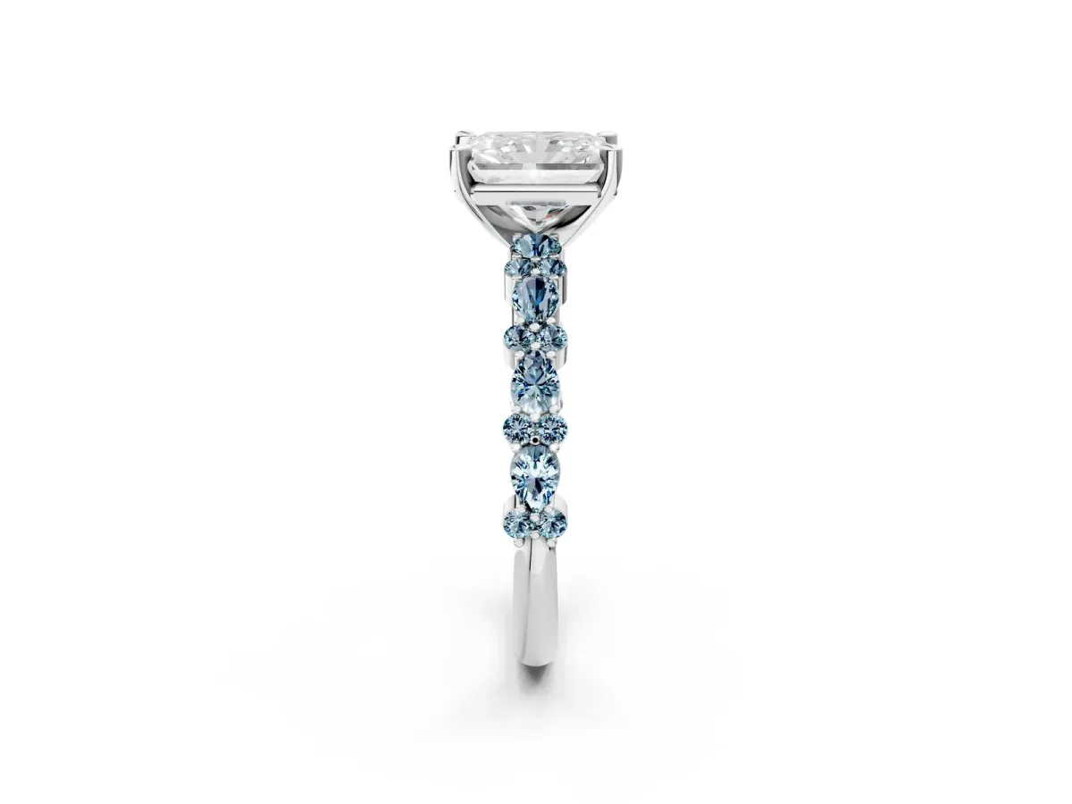 Radiant Cut Diamond Side Stone Solitaire Ring with Round Aquamarine and Four-Prong Setting Silver