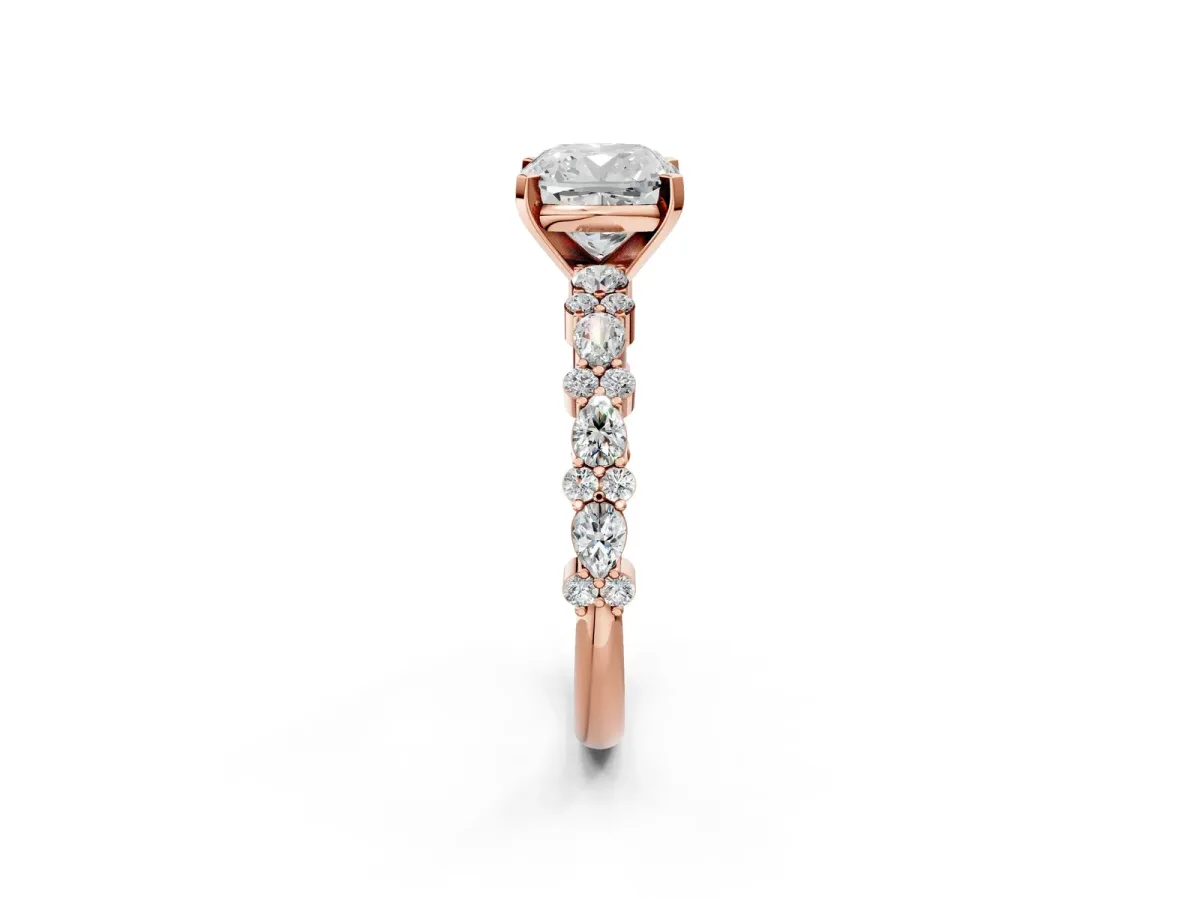 Cushion Cut Diamond Side Stone Solitaire Ring with Round and Four-Prong Setting Rose gold
