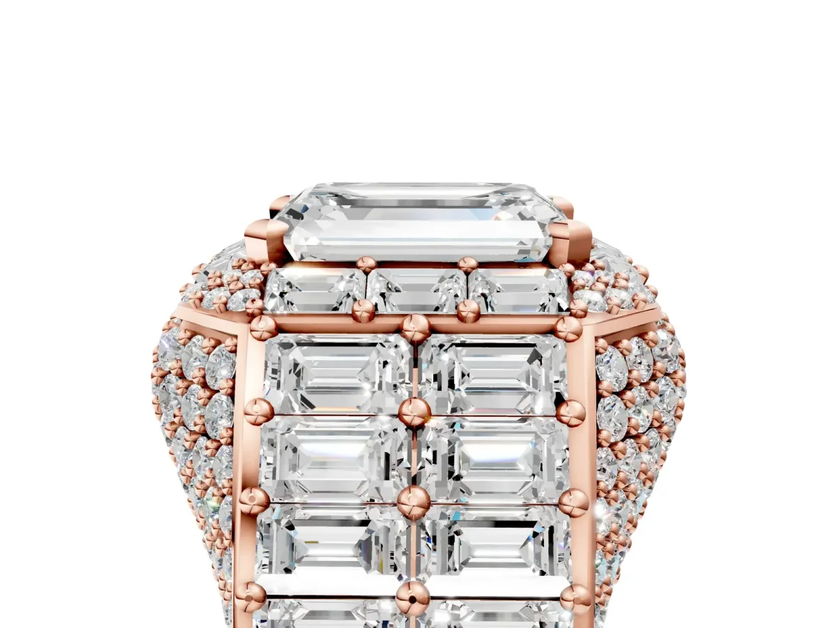 Emerald Cut Diamond Pavé Statement Mens Ring with Baguette Accents Rose gold