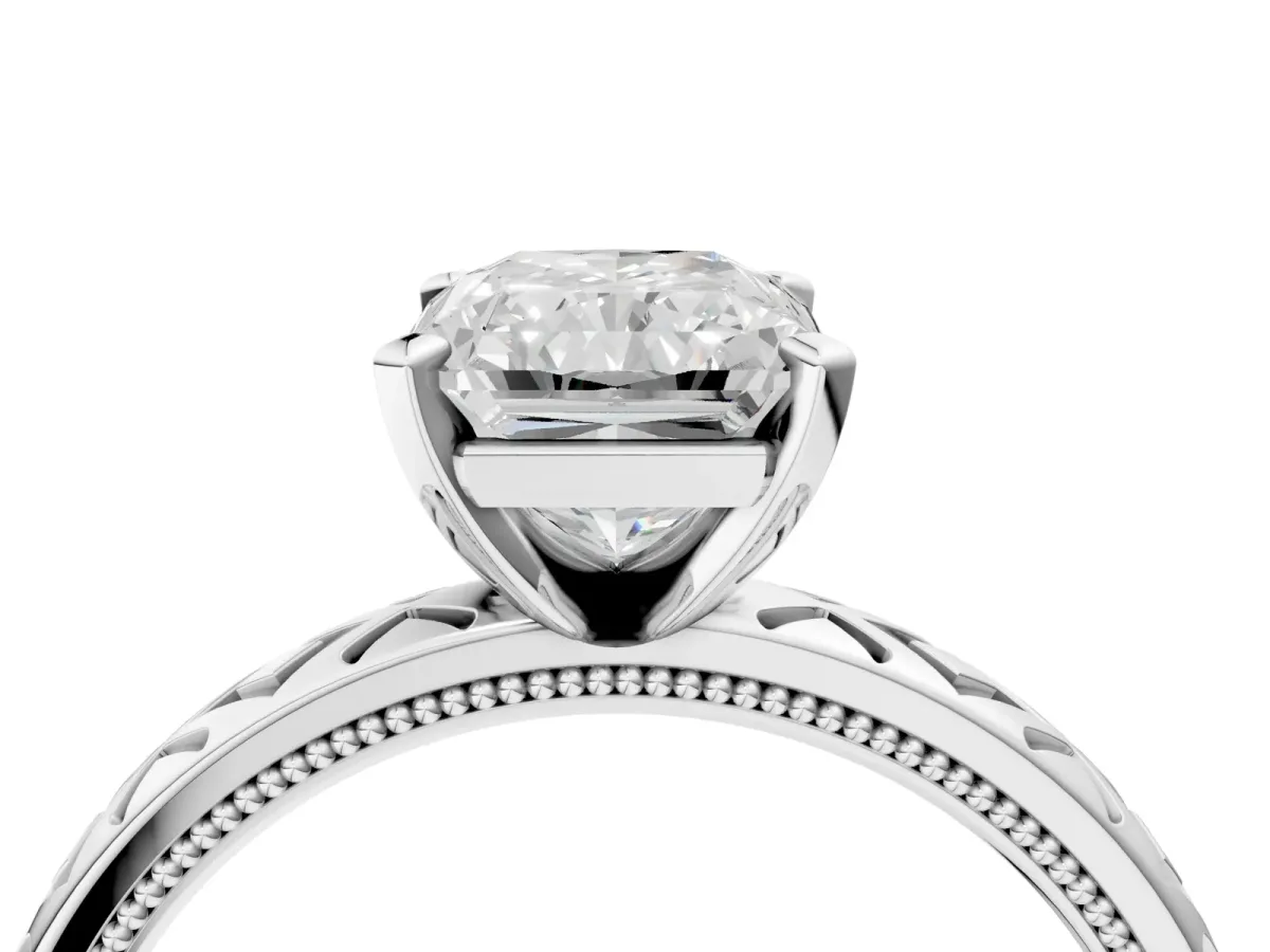 Radiant Cut Solitaire Diamond Ring with Milgrain and Black Enamel X Pattern Band Platinum