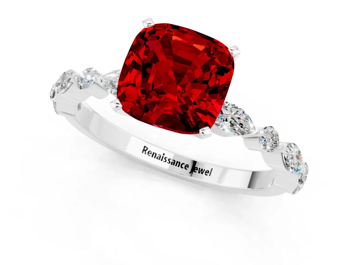 Cushion Cut Ruby Ring with Marquise and Round Side Stones and Four-Prong Setting Platinum