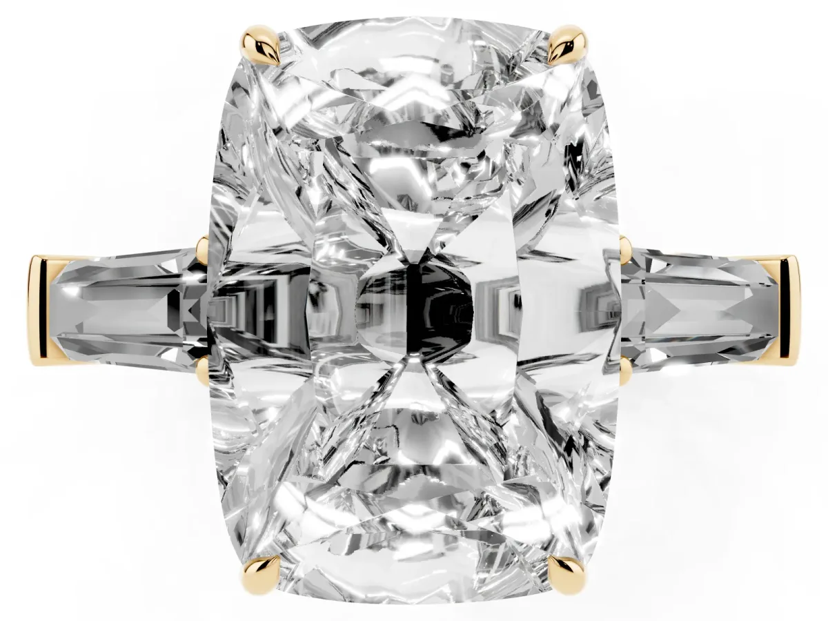 Old Mine Elongated Cushion Diamond with Side Tapered Baguette Three Stone Ring Yellow gold