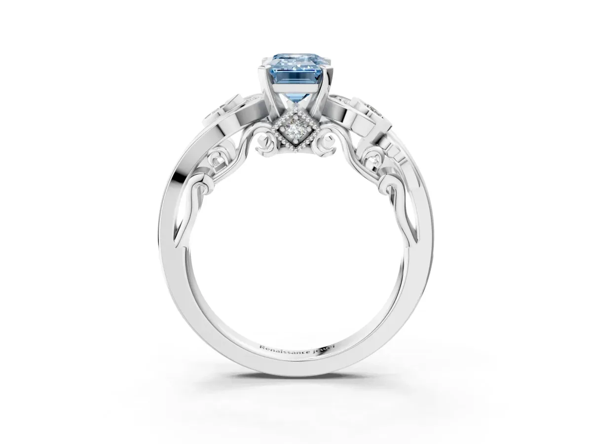 Fancy Blue Emerald Cut Diamond Solitaire Ring with Milgrain Pavé Band and Four-Prong Setting Silver