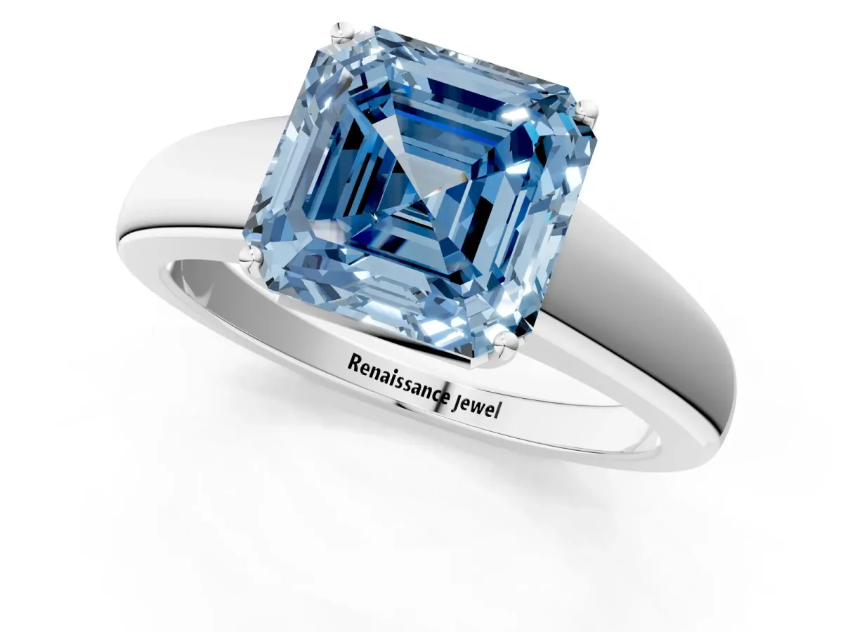 Fancy Blue Asscher Cut Solitaire Diamond Ring with Tapered Band and Four-Prong Setting Platinum