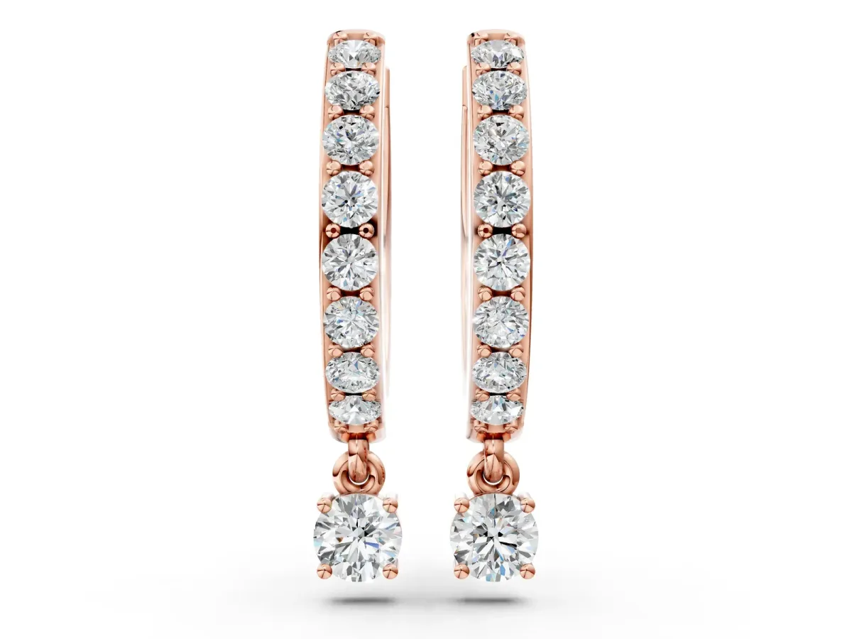 Round Cut Diamond Pavé Hoop Earrings with Drop Accent Rose gold