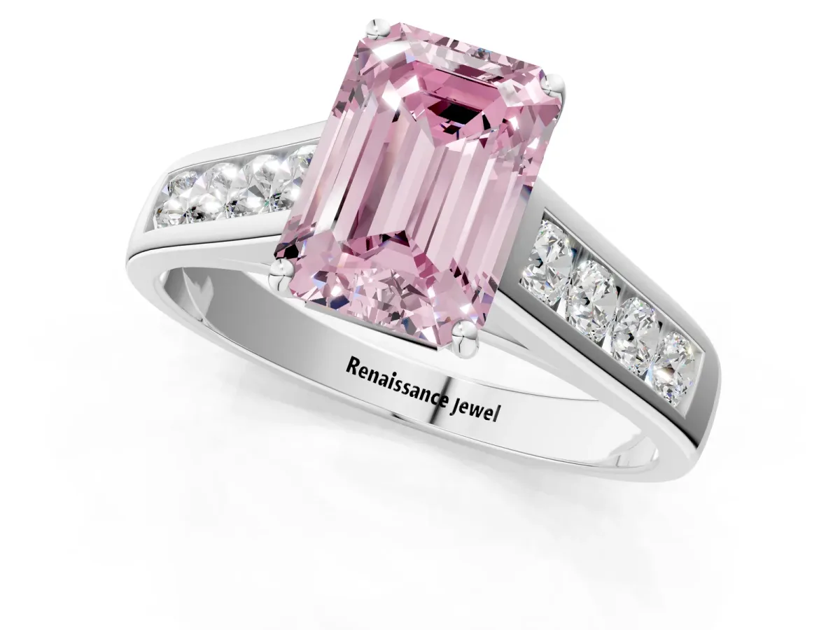 Fancy Pink Emerald Cut Brilliant Channel-Set Solitaire Ring with Four-Prong Setting White gold