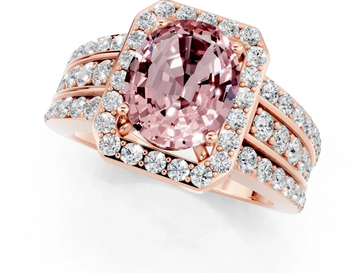 Oval Cut Halo Morganite Ring with Round Split Shank and Prong Setting Rose gold