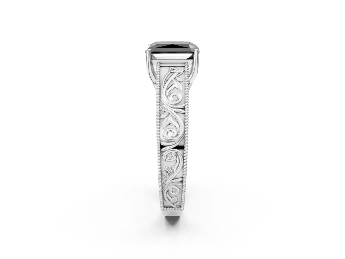 Fancy Black Radiant Cut Diamond Solitaire Ring with Engraved Band and Four-Prong Setting Platinum