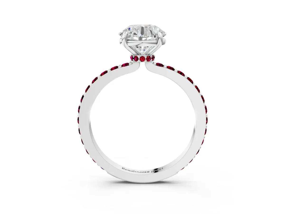 Round Cut Diamond Pavé Engagement Ring with Round Garnet Accents and Prong Setting Silver
