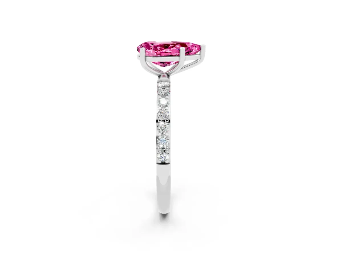 Pear Cut Pink Sapphire Solitaire Ring with Round Pavé Band and Prong Setting Silver