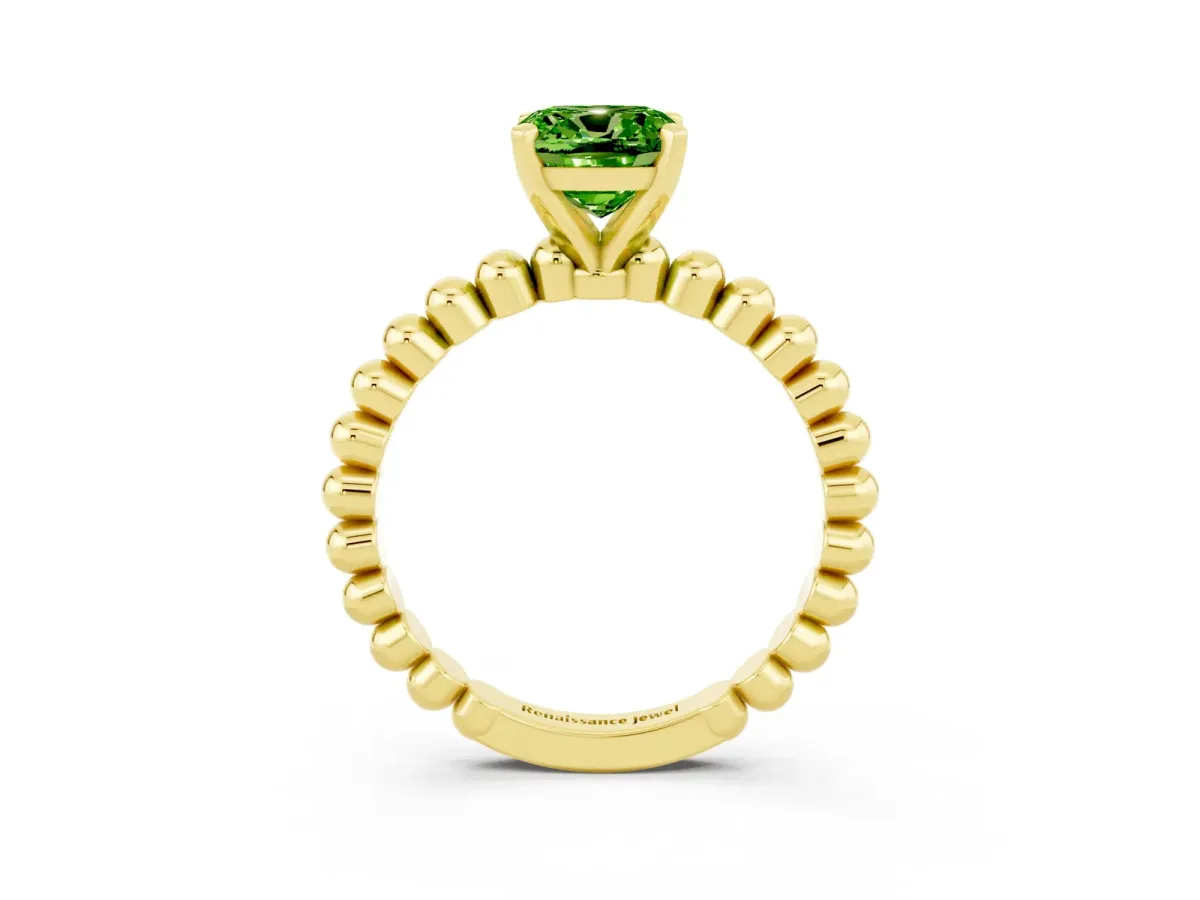 Cushion Cut Peridot Solitaire Ring with Beaded Band and Prong Setting Yellow gold