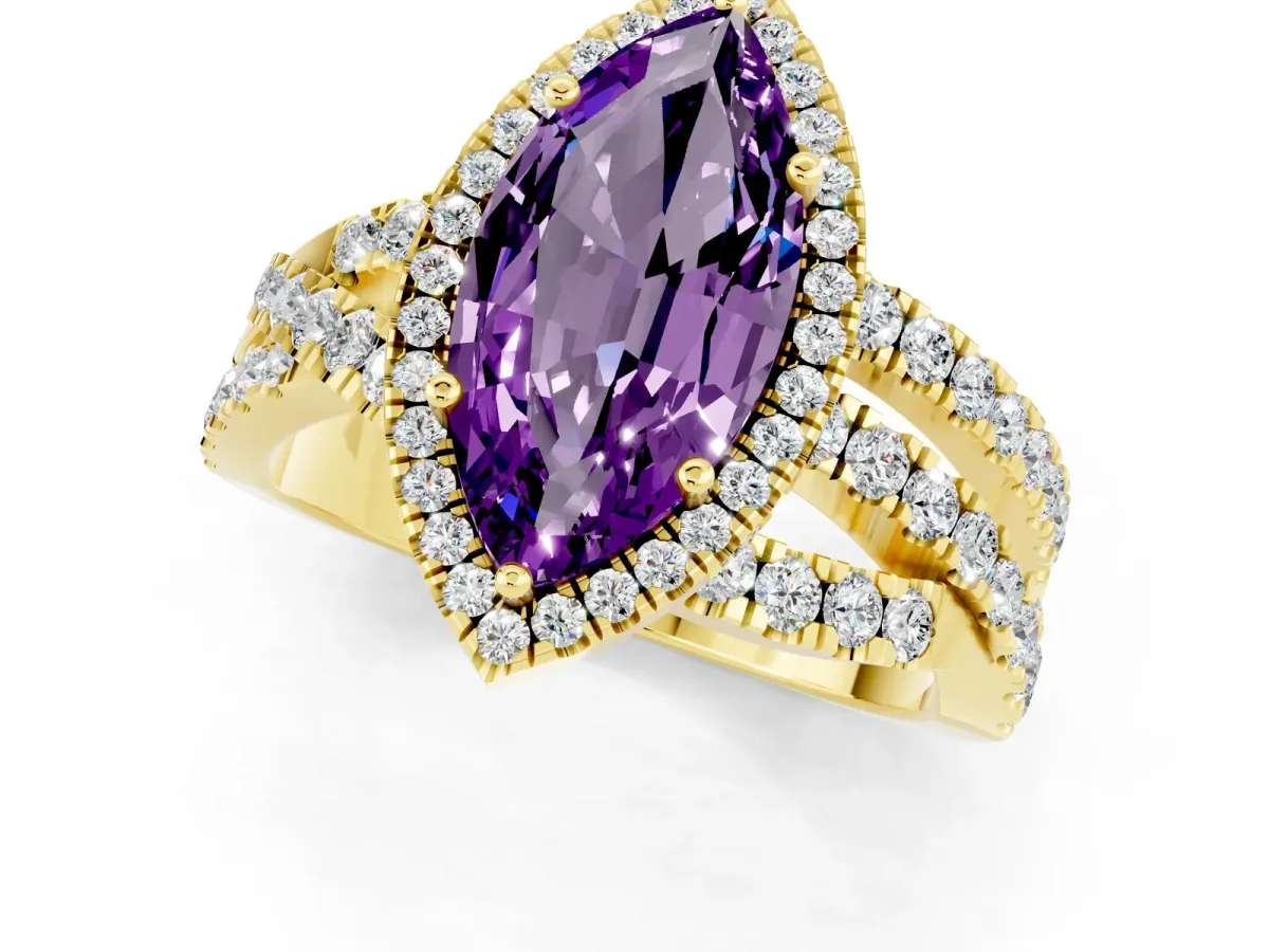 Marquise Cut Amethyst Halo Ring with Round Split Shank and Prong Setting Yellow gold