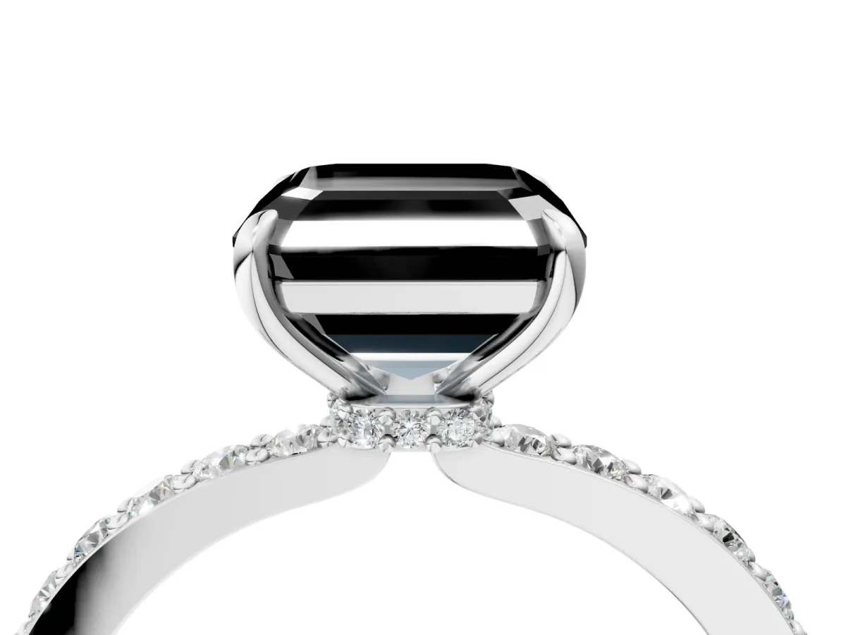 Fancy Black Asscher Cut Diamond Solitaire Engagement Ring with Pavé Band and Four-Prong Setting Silver