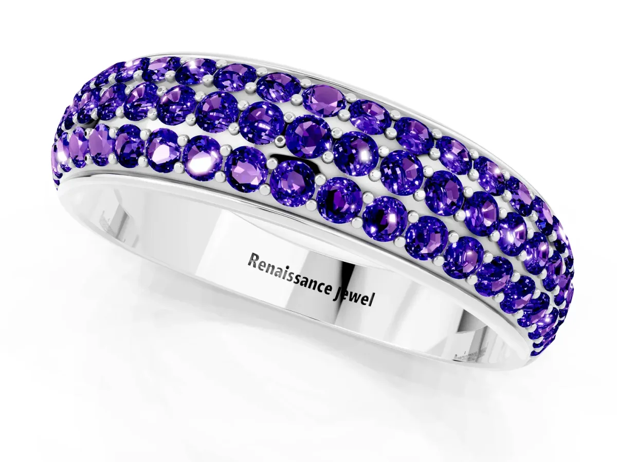 Three-Row Round Tanzanite Eternity Band with Shared Prong Setting White gold