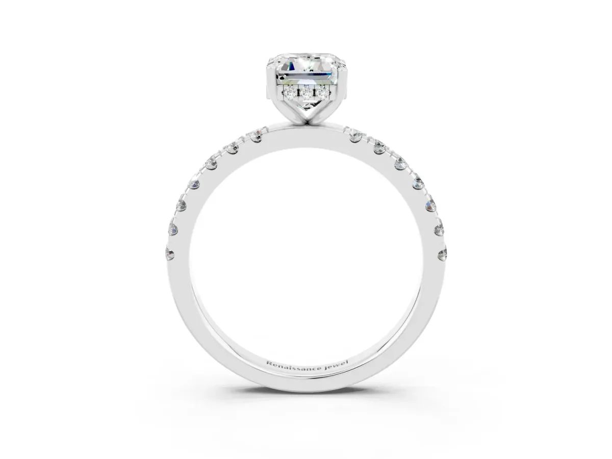 Emerald Cut Moissanite Pave Band Solitaire Ring with Round and Prong Setting Platinum