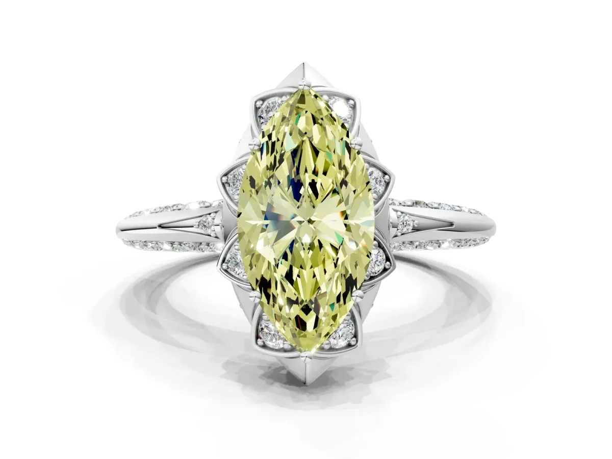 Fancy Yellow Marquise Cut Halo Split Shank Pave Diamond Ring with Petal Prong Setting Platinum