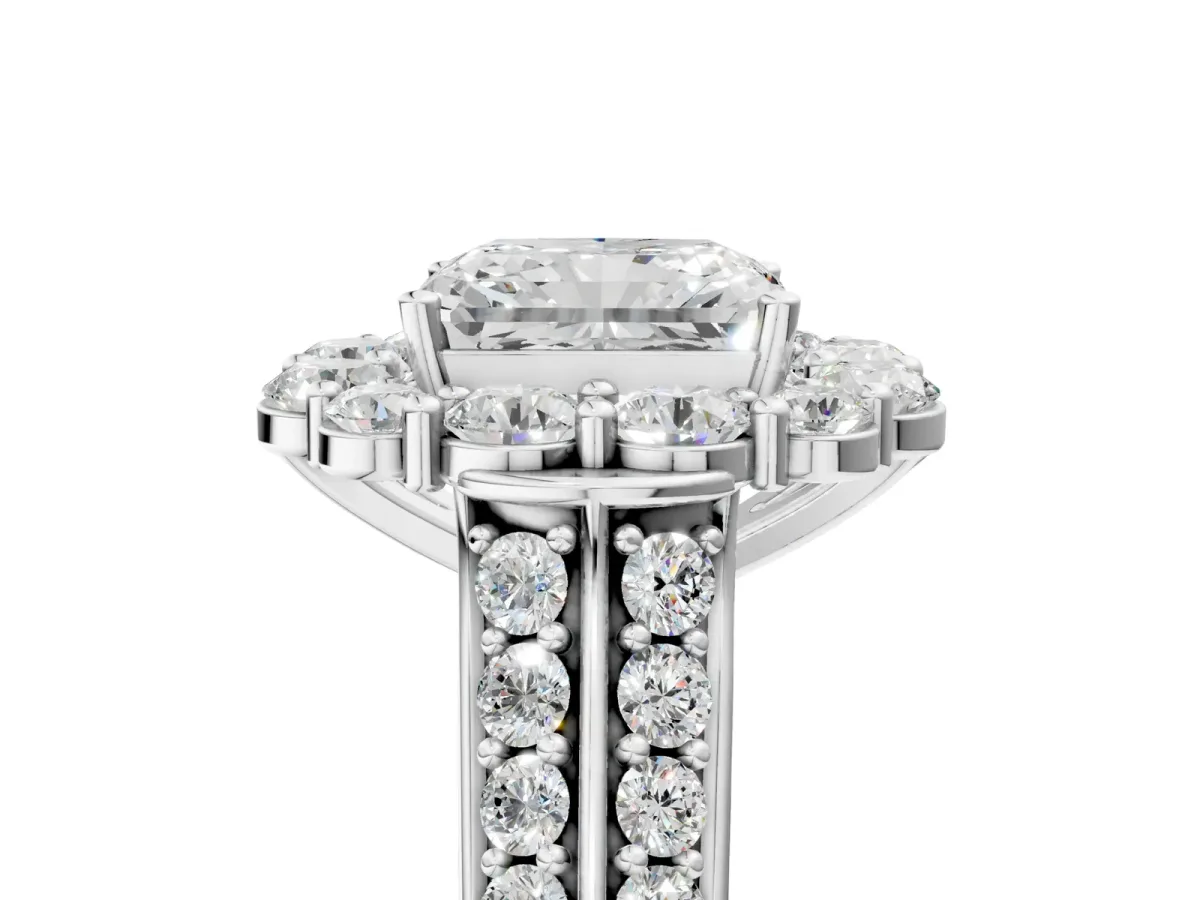 Radiant Cut Halo Diamond Engagement Ring with Split Shank and Prong Setting Platinum