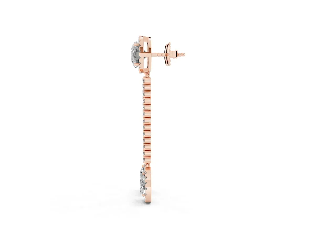 Round and Pear Diamond Halo Drop Earrings Rose gold
