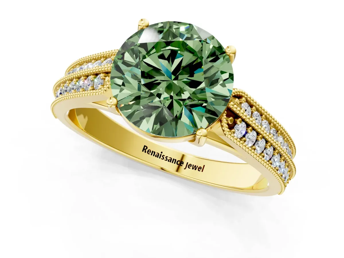 Fancy Green Round Cut Cut Pave Split Shank Engagement Ring with Four-Prong Setting Yellow gold