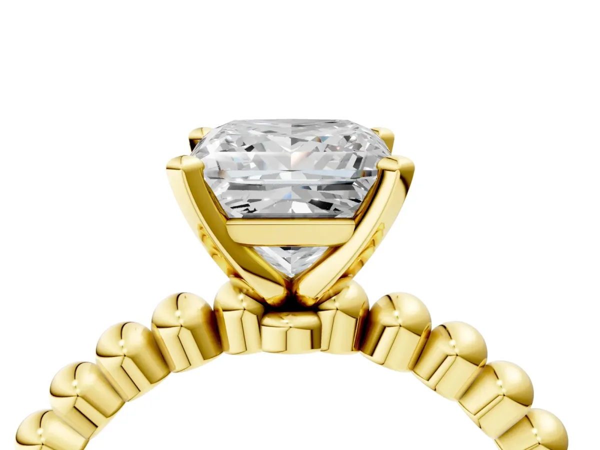 Princess Cut Diamond Solitaire Ring with Beaded Band and Prong Setting Yellow gold