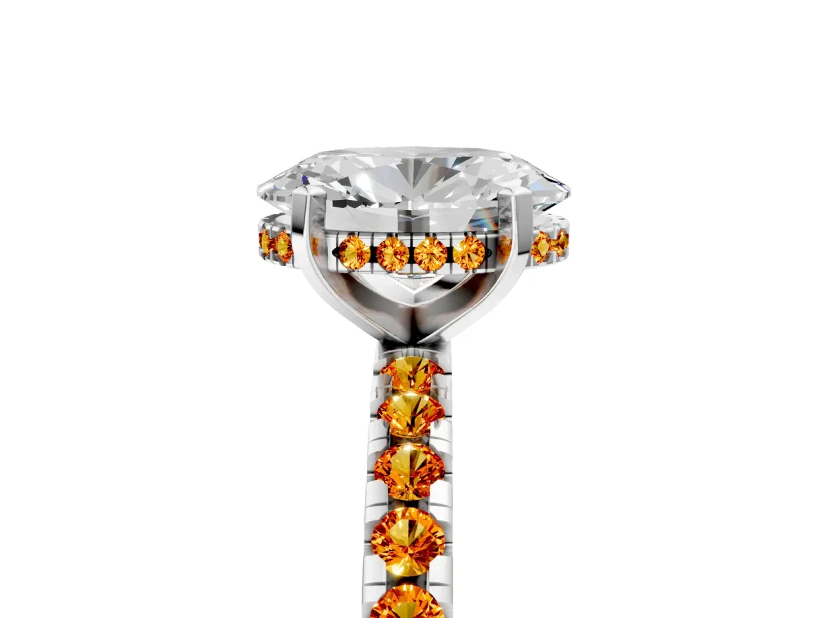 Oval Cut Diamond Solitaire Ring with Round Citrine Pavé Band and Four-Prong Setting Silver