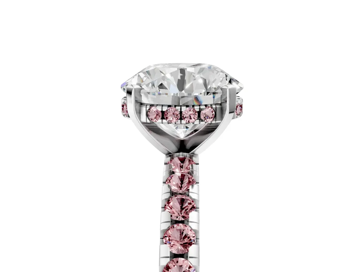 Round Cut Diamond Solitaire Ring with Round Morganite Pavé Band and Four-Prong Setting Silver