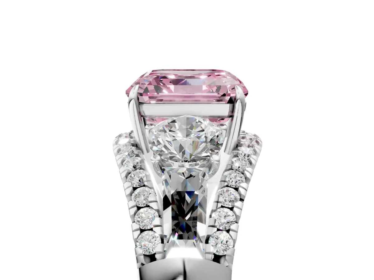 Fancy Pink Three-Stone Asscher Cut Diamond Engagement Ring with Pave Band and Prong Setting Platinum