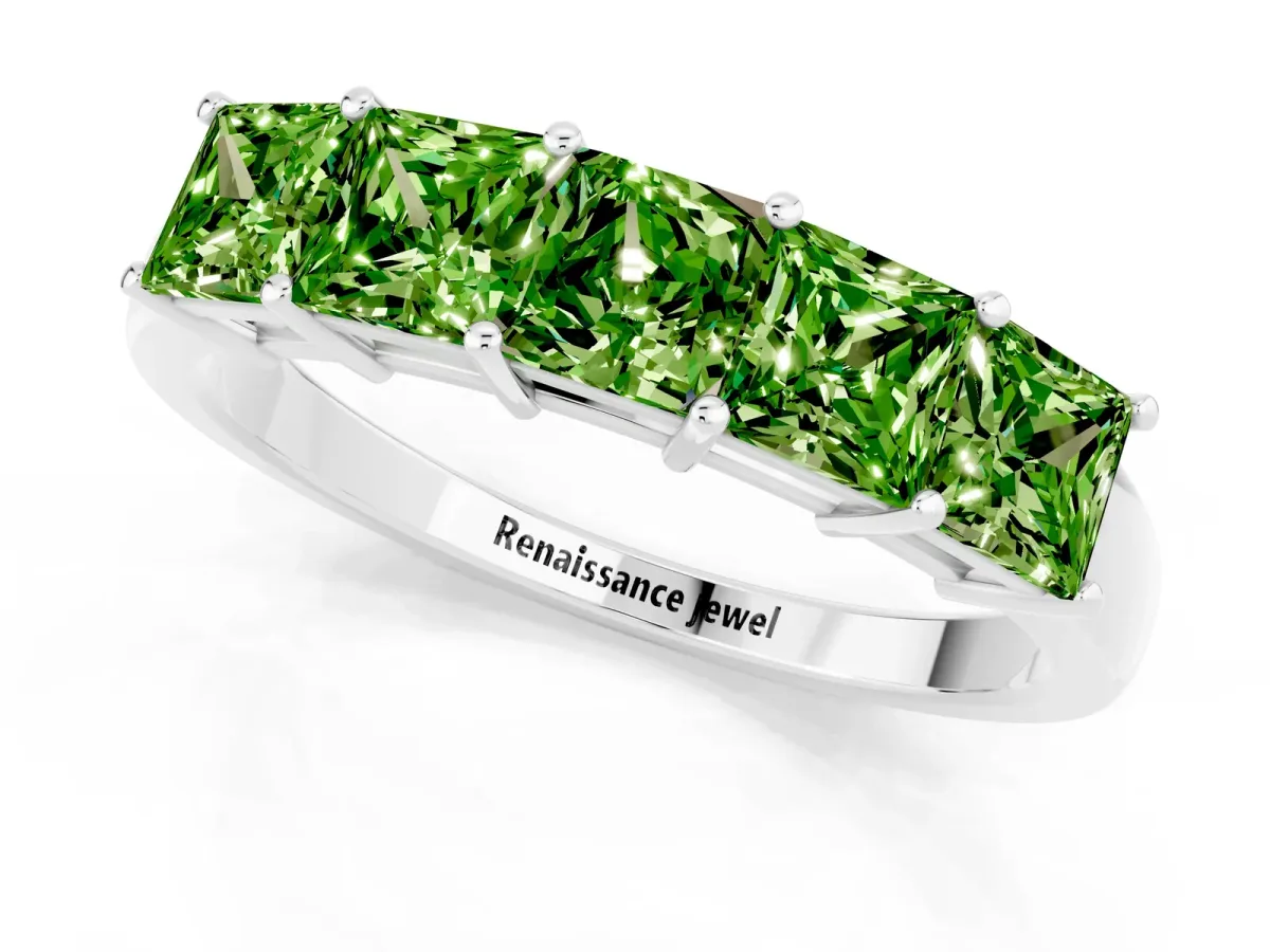 Princess Cut Five-Stone Peridot Band with Prong Setting White gold