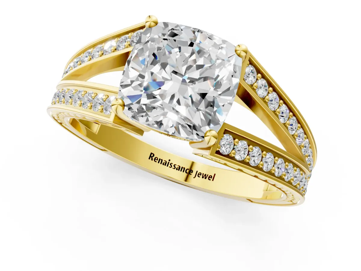 Cushion Cut Diamond Split Shank Ring with Pavé Band and Four-Prong Setting Yellow gold