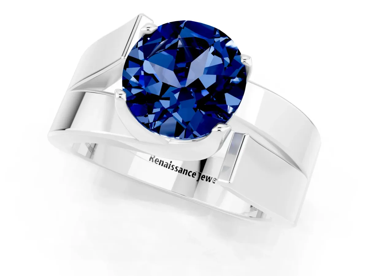 Modern Tension Set Round Cut Blue Sapphire Solitaire Wide Band Ring Silver