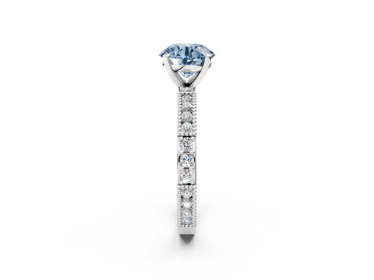 Fancy Blue Round Cut Solitaire with Pavé Band and Four-Prong Setting Platinum