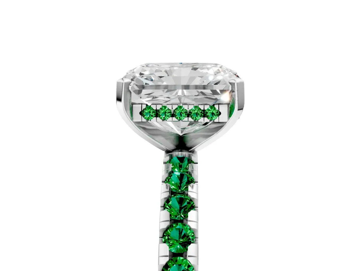 Radiant Cut Diamond Solitaire Ring with Round Emerald Pavé Band and Four-Prong Setting Silver