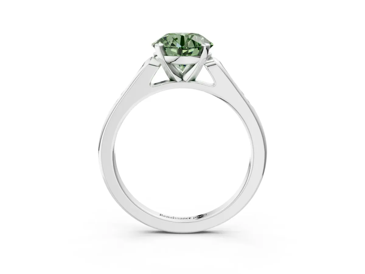 Fancy Green Round Cut Diamond Solitaire Ring with Channel Set Round Band and Prong Setting Silver
