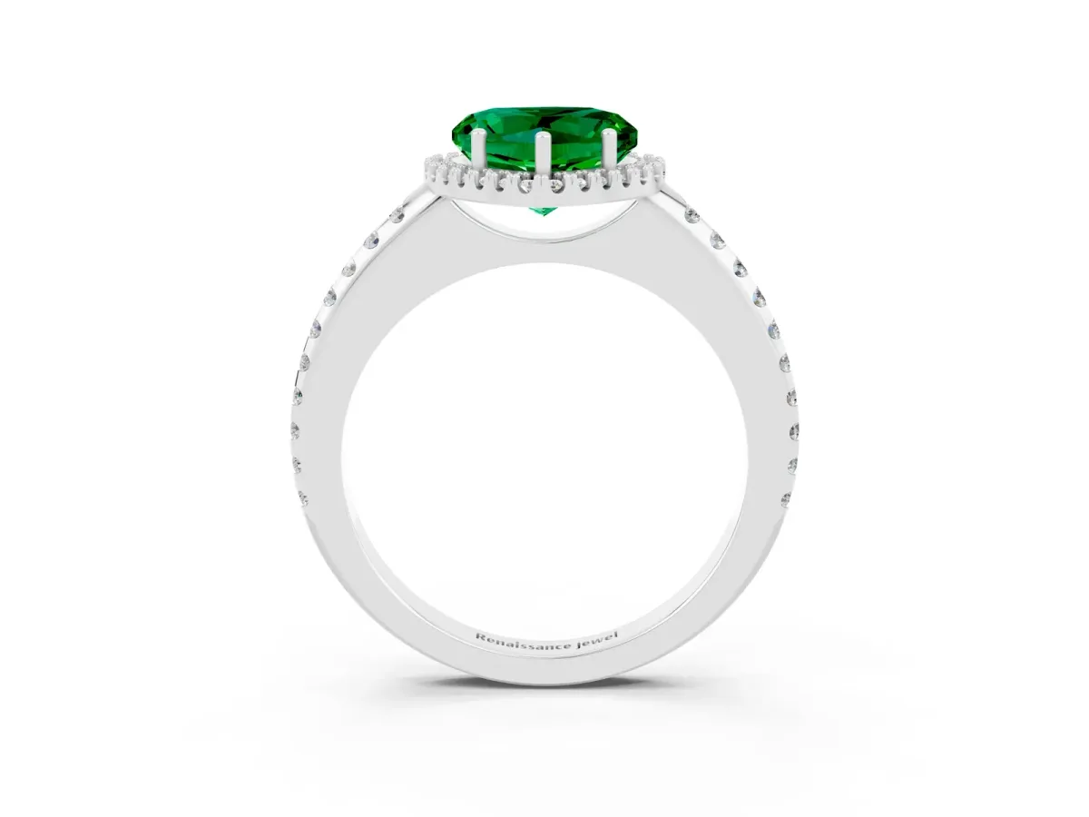 Heart Cut Emerald Pavé Halo Ring with Four-Prong Setting White gold