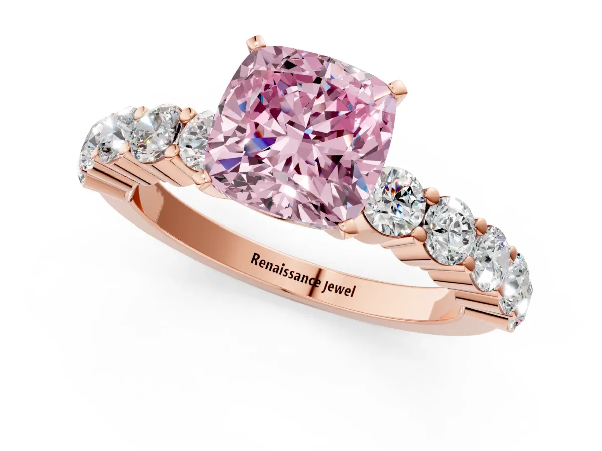 Fancy Pink Cushion Cut Diamond Solitaire Ring with Shared Prong Round Side Stones Rose gold