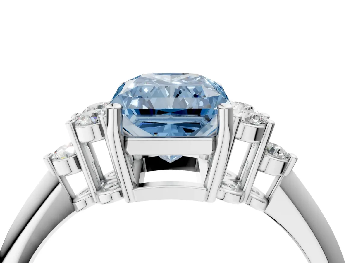 Fancy Blue Radiant Cut Cut Diamond Cluster Ring with Solitaire Band and Four-Prong Setting Platinum