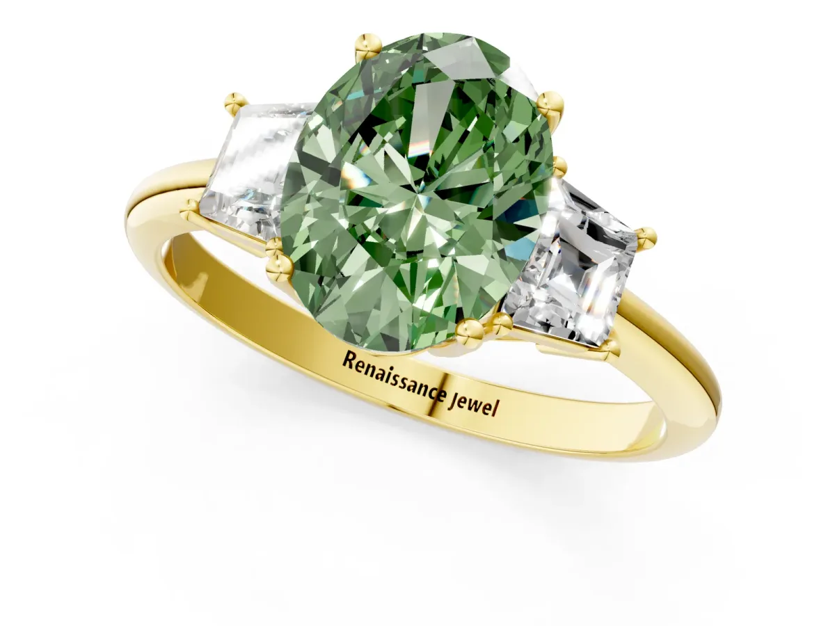 Fancy Green Oval Cut Diamond Three-Stone Ring with Trapezoid Side Stones and Prong Setting Yellow gold