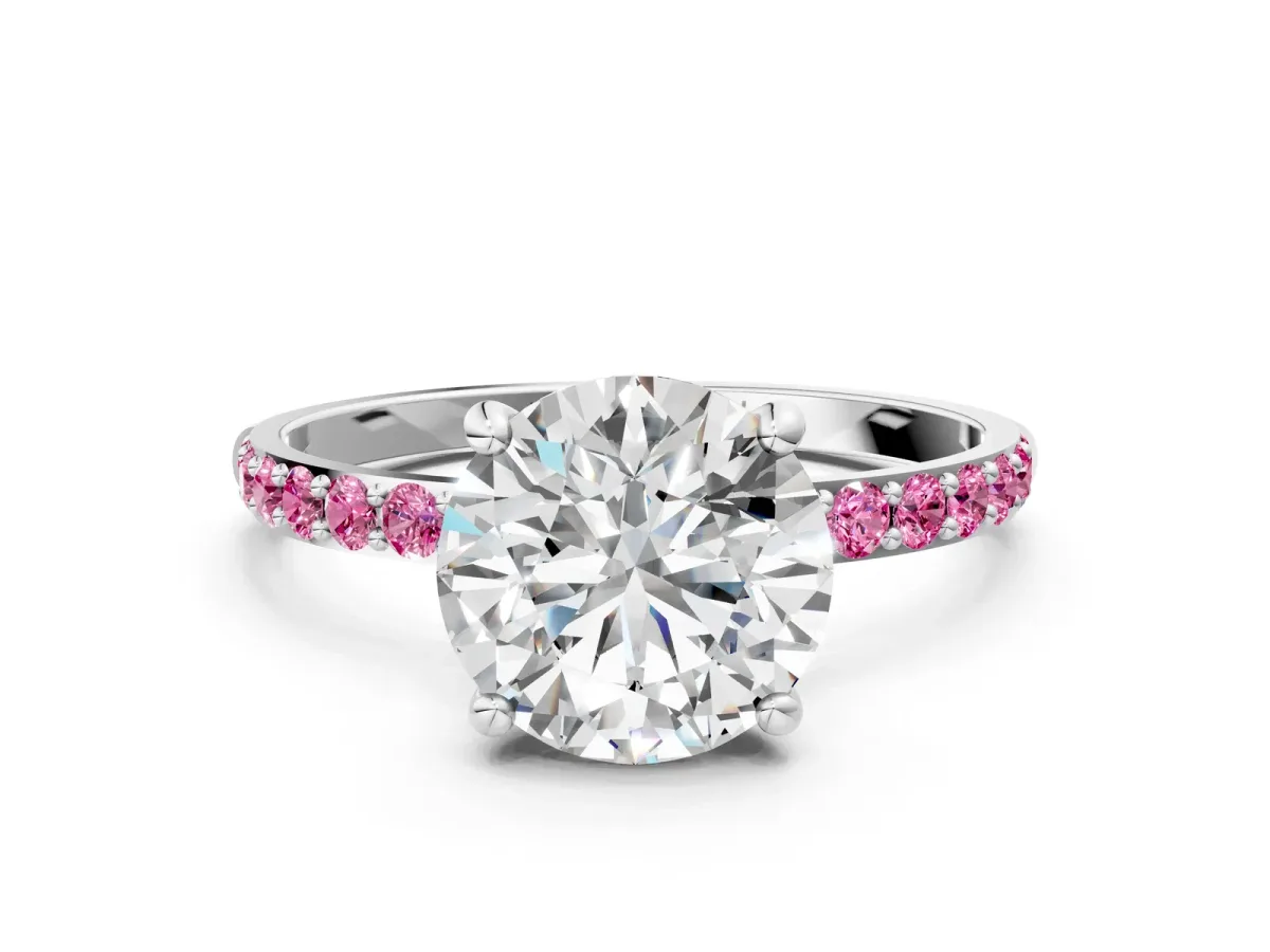 Round Cut Diamond Solitaire Ring with Round Pink Sapphire Pavé Band and Prong Setting Silver