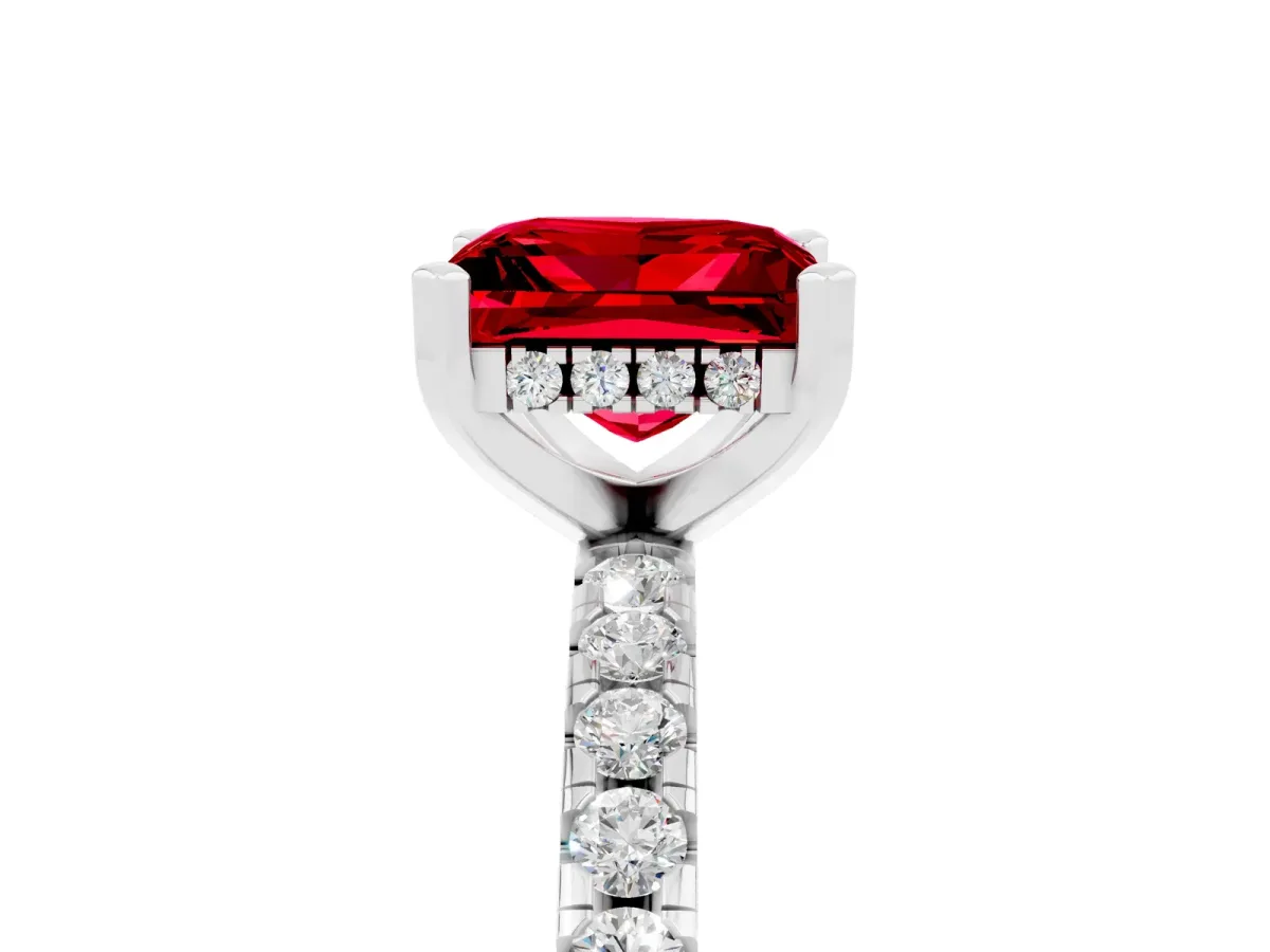 Princess Cut Ruby Solitaire Ring with Round Pavé Band and Four-Prong Setting Silver
