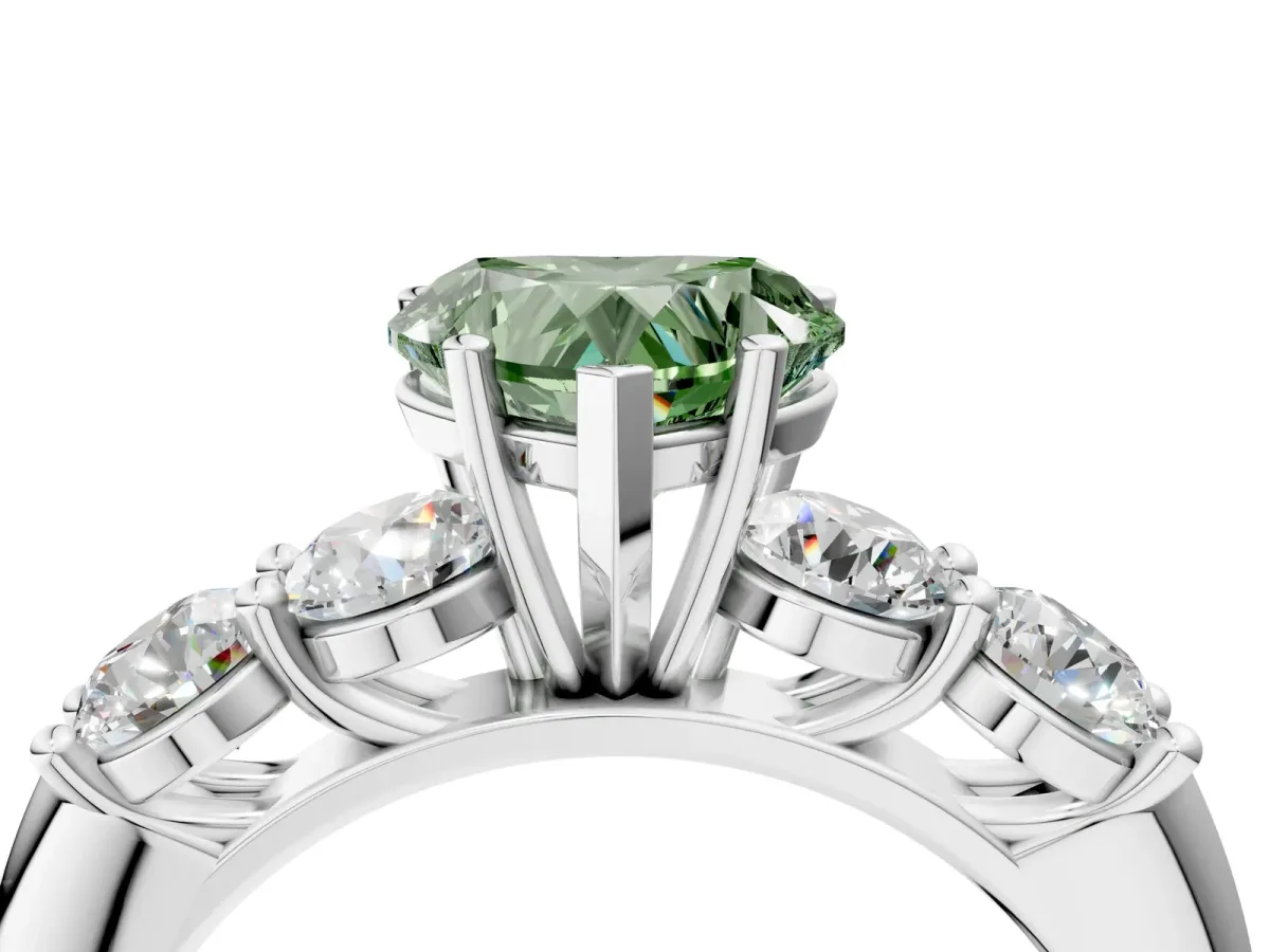 Fancy Green Heart Cut Cut Five-Stone Prong Set Diamond Ring with Classic Band Platinum