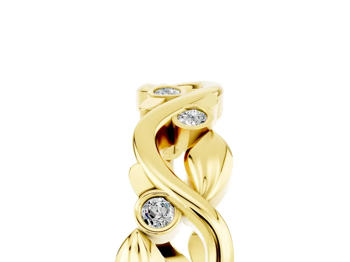 Round Moissanite Leaf Eternity Band with Bezel Setting Yellow gold