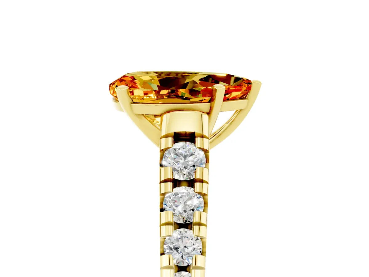 Pear Cut Citrine Cathedral Solitaire Ring with Round Pavé Band Yellow gold