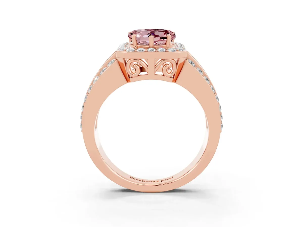 Heart Cut Halo Morganite Ring with Round Split Shank and Prong Setting Rose gold