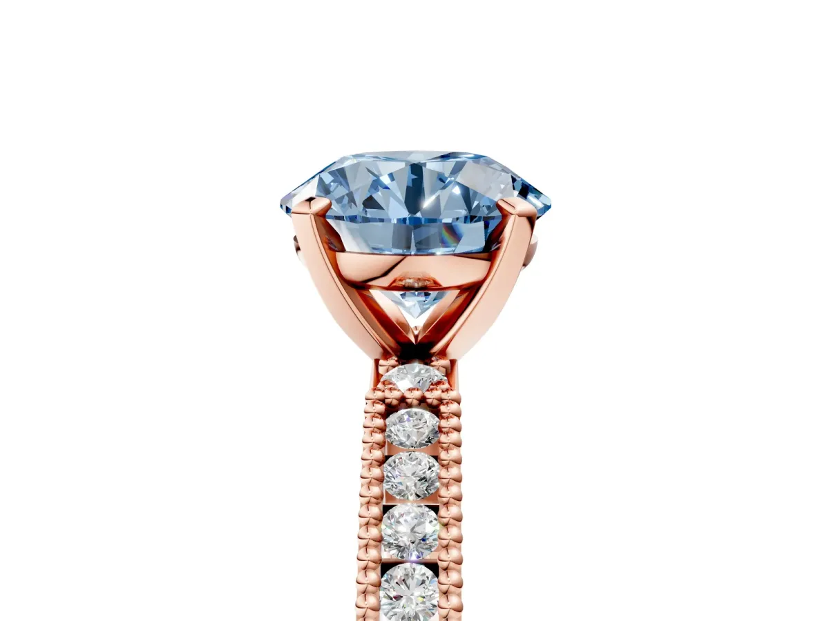 Fancy Blue Round Cut Solitaire with Pavé Band and Four-Prong Setting Rose gold