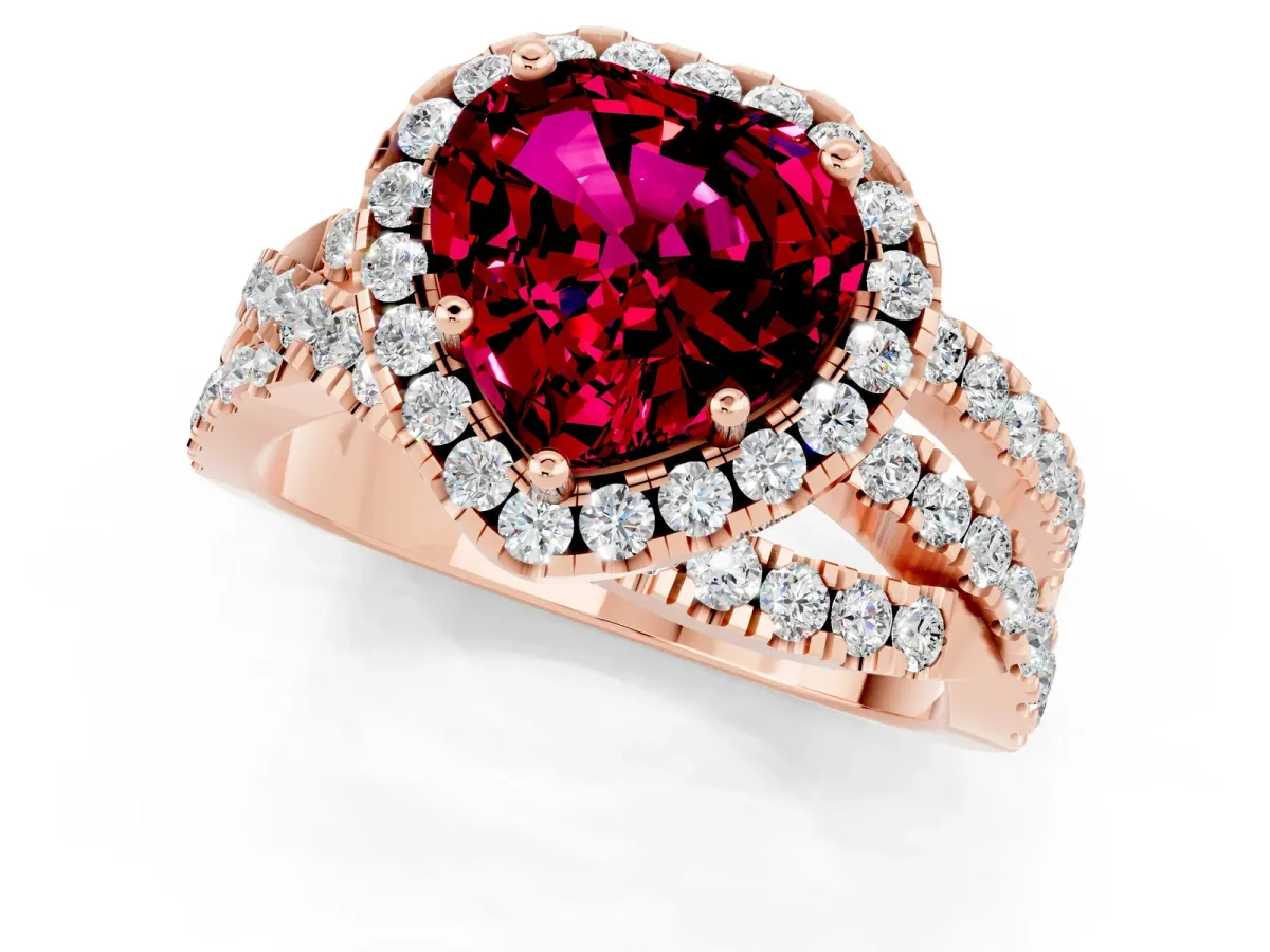 Heart Cut Garnet Halo Ring with Round Split Shank and Prong Setting Rose gold