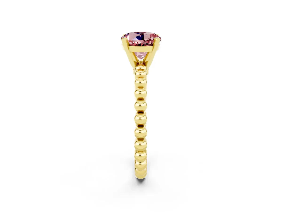 Round Cut Morganite Solitaire Ring with Beaded Band and Prong Setting Yellow gold