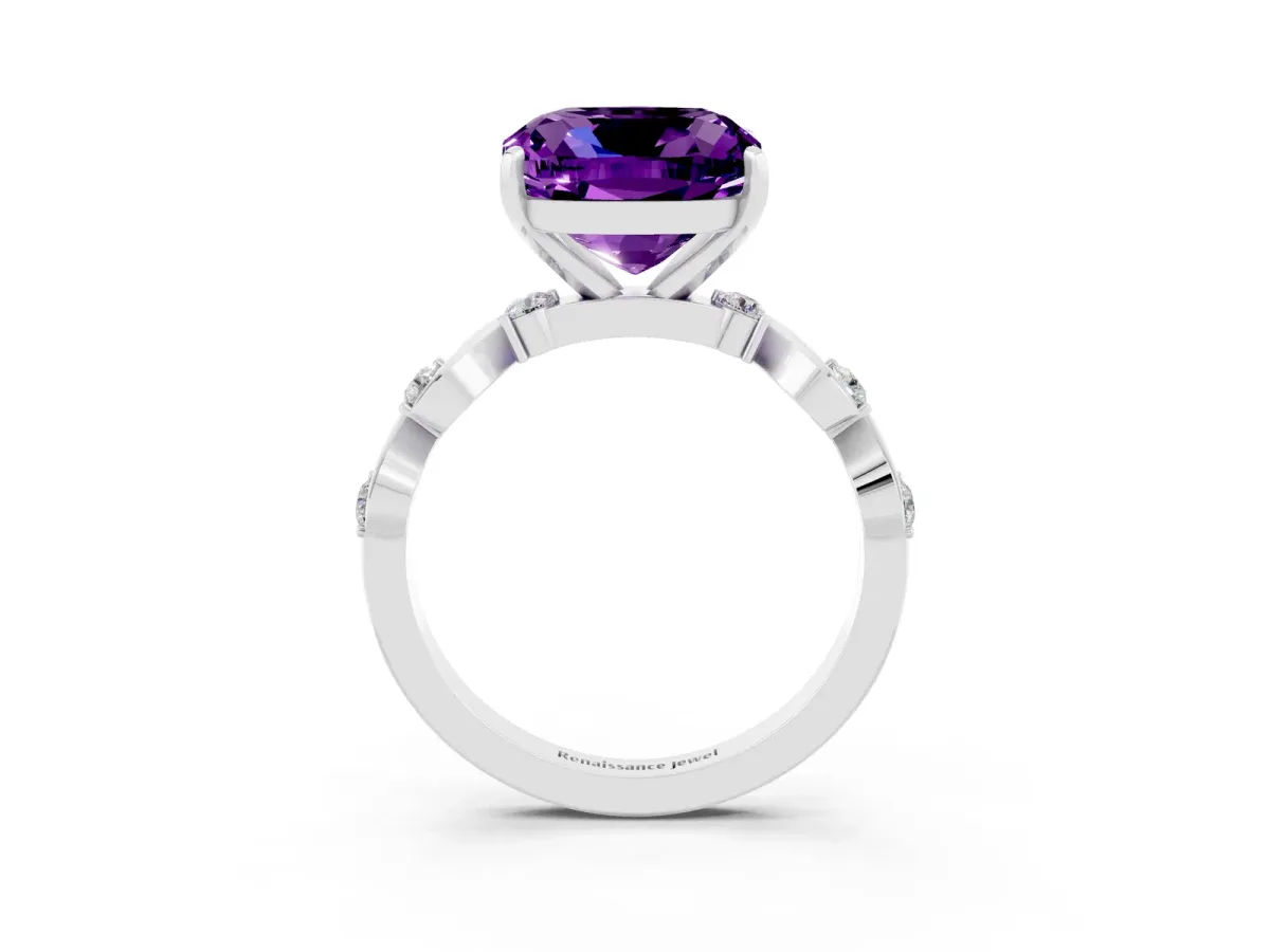 Cushion Cut Amethyst Solitaire Twisted Band with Round Accents and Prong Setting Silver