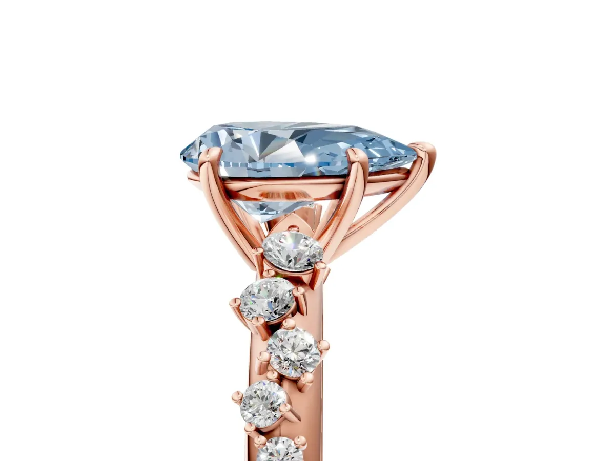Fancy Blue Pear Cut Diamond Cluster Side Stone Solitaire Ring with Prong Setting Rose gold